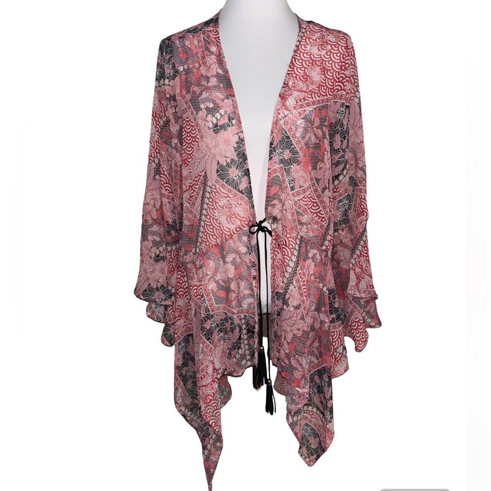 LAVISH Pink and Black Floral Open Tunic Kimono Top